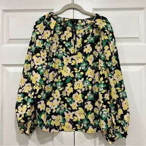 WHO WHAT WEAR Balloon Long Sleeve Keyhole Top Black Green Floral Womens Large